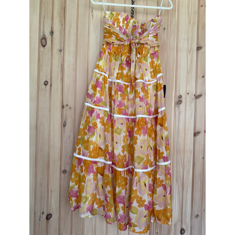NWT Lulus Sunlight Aura Orange Floral Strapless Tiered Midi Dress Resort Size L - Picture 2 of 7